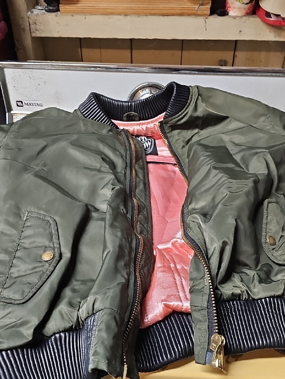 Bomber Jacket [Black Arrow Moto] - Olive Green with Pink Lining